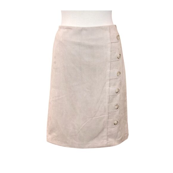 J.McLaughlin Raven Lt Camel Faux Stretch Suede Button Tab Accents Skirt 12 NWT - Picture 1 of 8